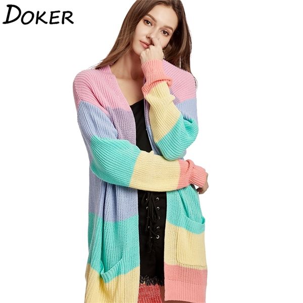 

spring long knitwear cardigan women v-neck sleeve color matching knitted sweater female elegant jumper coat 210603, White;black