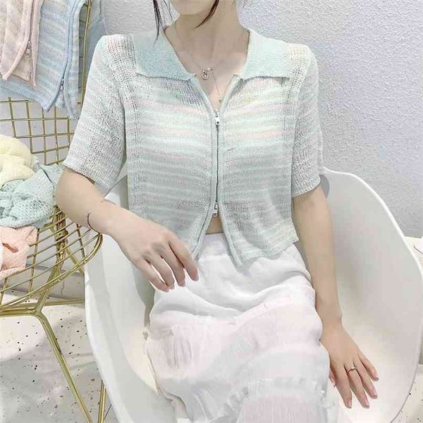 

korean fashion lapel stripe double zipper hit color short bead sweater summer women's clothing 210520, White;black
