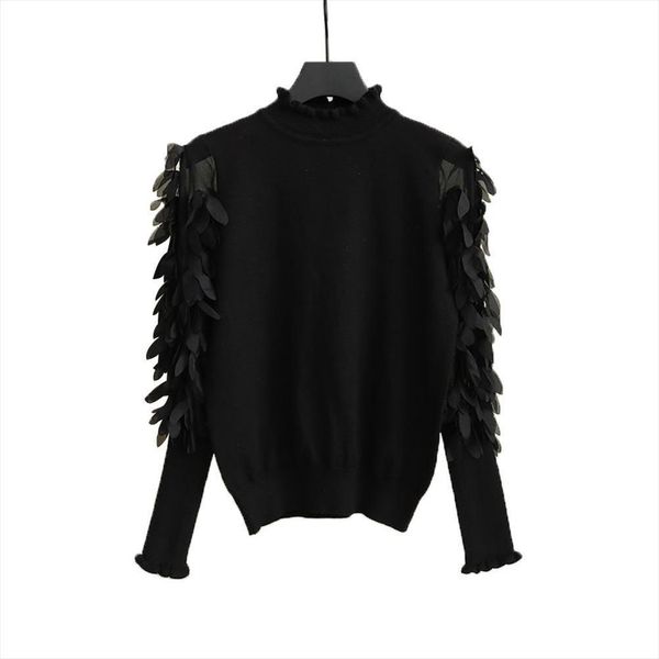 

plus size apparel women solid sweaters color ruffled mock neck long petal puff sleeve knit pullover, White;black