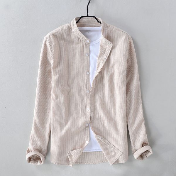 

men's t-shirts cotton and linen casual long-sleeved stand collar striped flax shirt mens brand fashion khaki shirts male a2ht, White;black