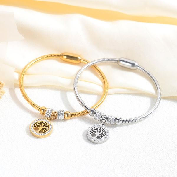 

charm bracelets gold tree pendant crystal bracelet for women cubic zircon statement korean bohemian steel color chain love gift 2021, Golden;silver
