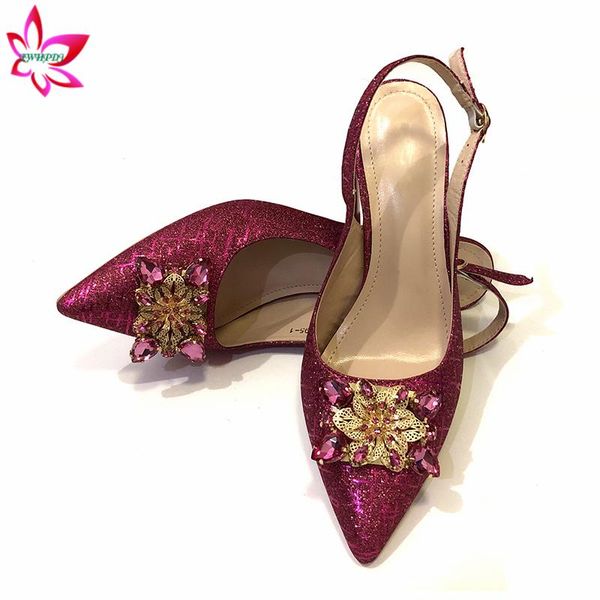 

dress shoes latest design fuchsia color african ladies decorated with rhinestone italian party sandals for women wedding, Black