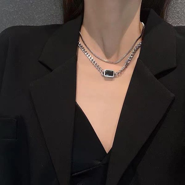 

chains punk style double layered necklace geometric black gem cuban link chain stainless steel fashion jewelry wholesale, Silver