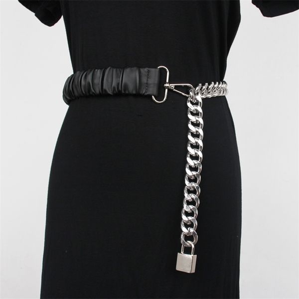 

street shoot fashionable lockhead belt female chain splicing with skirt waist seal joker metal elastic tide, Silver
