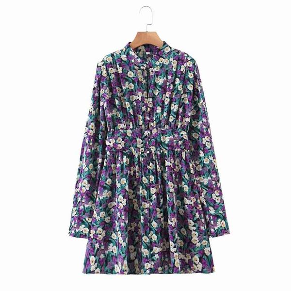 

vintage woman purple draped print chiffon dress spring fashion ladies holiday mini es female elegant a-line 210515, Black;gray