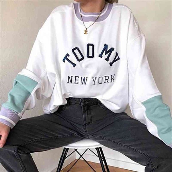 

york embroidery brand design white splicing oversized sweatshirt women autumn loose girl casual streetwear clothes, Black