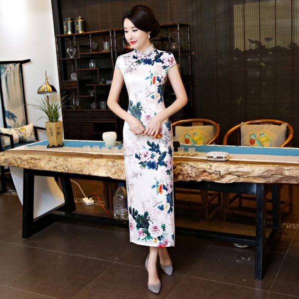 

2021 new white short sleeve chinese women traditional dress silk satin cheongsam long qipao flower wedding dress size -3xl, Red
