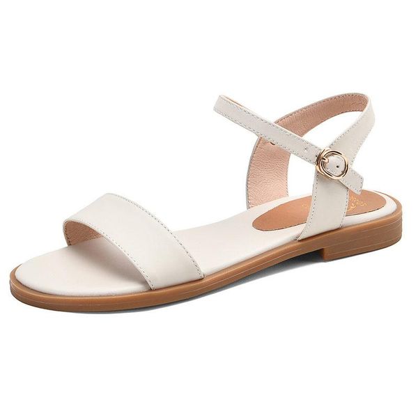 

plus size 34-43 genuine leather shoes woman buckle flat sandals solid color casual summer women footwear, Black