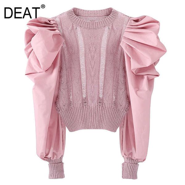

[deat] round neck puff sleeve hollow out long solid color loose knitting sweater women autumn spring 13c220 210527, White;black