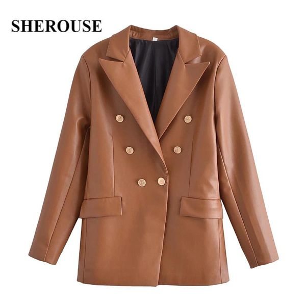 

women's suits & blazers sherouse women fashion pu solid double breasted blazer vintage notched neck long sleeves office lady suit veste, White;black