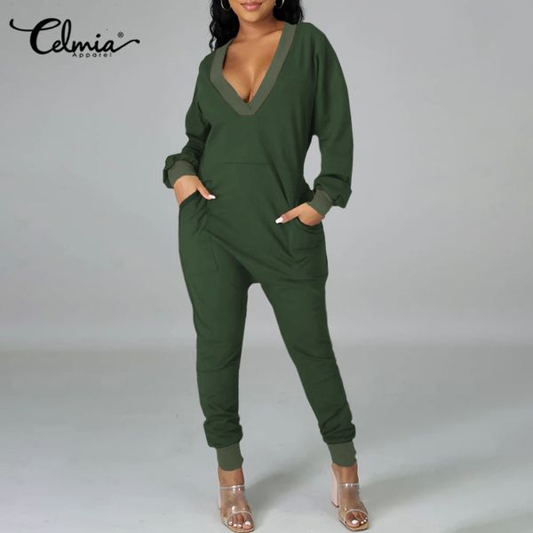 

jacket celmia autumn knitted jumpsuits women casual rompers v-neck 2021 fashion overalls pockets long sleeve harem playsuits, Black;brown