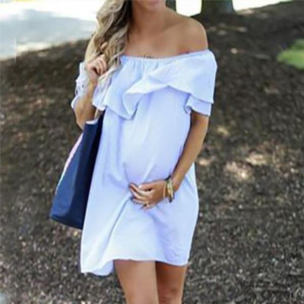 

maternity dresses women mini dress 2021 summer pregnant casual slash neck off shoulder short sleeve ruffles plus size vestido4jj, White