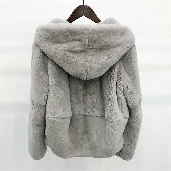 

whole skin natural real rex fur coat clothing women's winter hooded short jacket long-sleeved outerwear coat large size 211007, Black