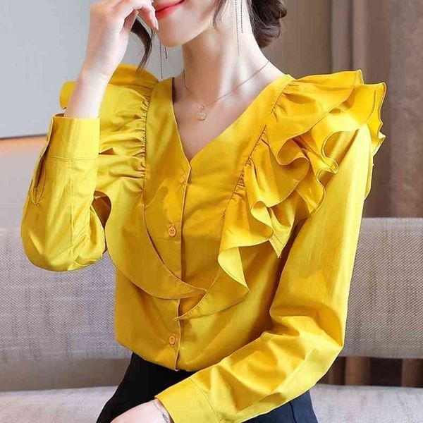 

blouse women blusas mujer de moda long sleeve ruffles v-neck chiffon blouse shirt women blouses shirts camisas mujer d503 210602, White