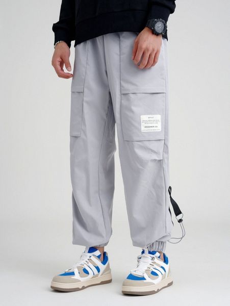 

men patch detail drawstring pants m4wu#, Black