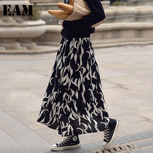 

skirts [eam] chiffon pattern print black long high elastic waist half-body skirt women fashion tide spring autumn 2021 1dd4782