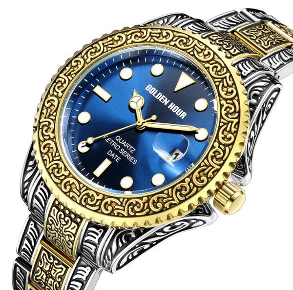 

gh132 retro style classic quartz mens watch stainless steel 43mm diameter man watches golden hour brand calendar dial wristwatches, Slivery;brown