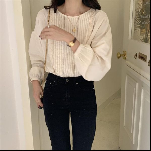 

womens shirts apricot pleated o neck gentle cotton korean large size office lady elegant full sleeved all match, White