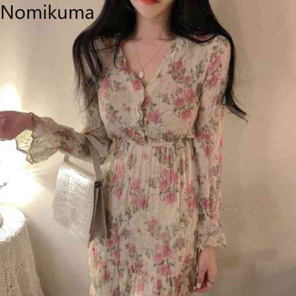 

nomikuma korean floral printed dress women slim waist v neck long sleeve mid calf dresses female chic vestidos mujer 3e274 210514, Black;gray