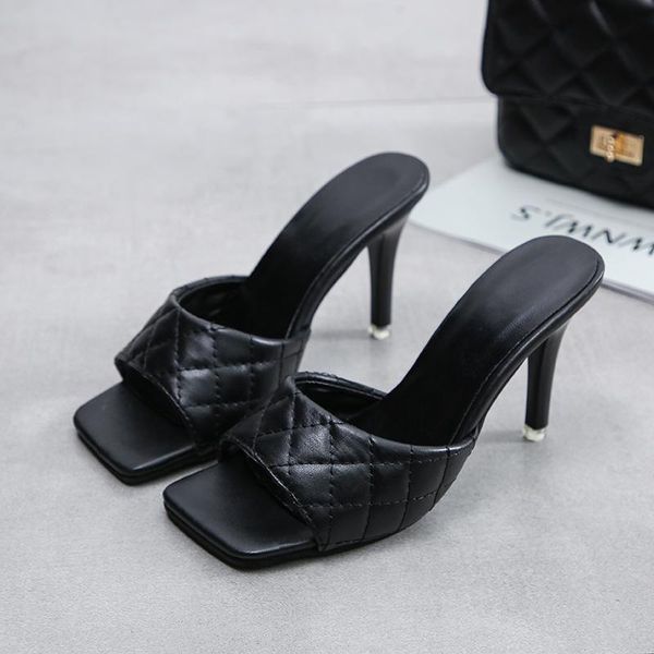 

women's slippers thin heels large size 35-44 summer shoes women plaid ladies party 2021, Black
