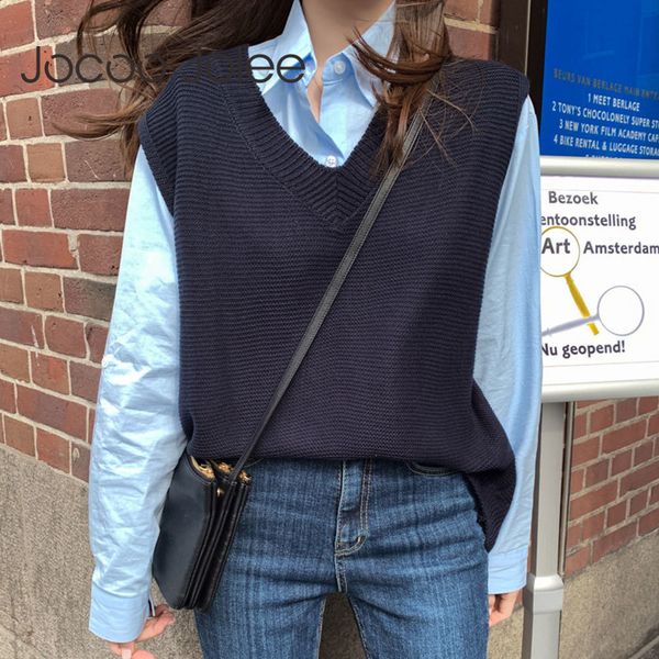 

women knitted sweater vest casual sleeve v neck loose korean harajuku solid pullovers plus size jackets 210428, White;black