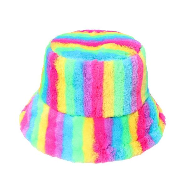 

wide brim hats bucket hat winter basin imitation fur female trend colorful rainbow striped fisherman 2021, Blue;gray