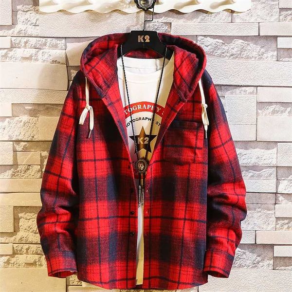 

plaid hoodie sweatshirts men flannel fleece style hip hop punk streetwear casual cardigan long-sleeved 211014, Black
