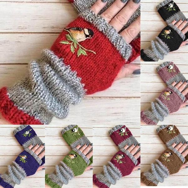 

five fingers gloves women winter knit bird embroidery warm plus velvet embroidere outdoor wrist glove fashion fingerless, Blue;gray