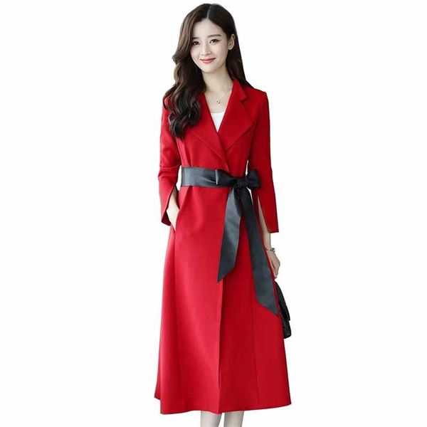 

women's trench coats 2021 spring autumn elegant coat women long windbreaker sashes slim female fashion black red plus size g410, Tan;black