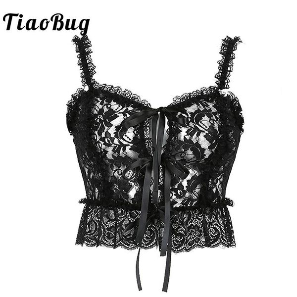 

women's tanks & camis lace corset vests for women transparent ruffles crop e girl summer grunge clothes bandage black goth top, White