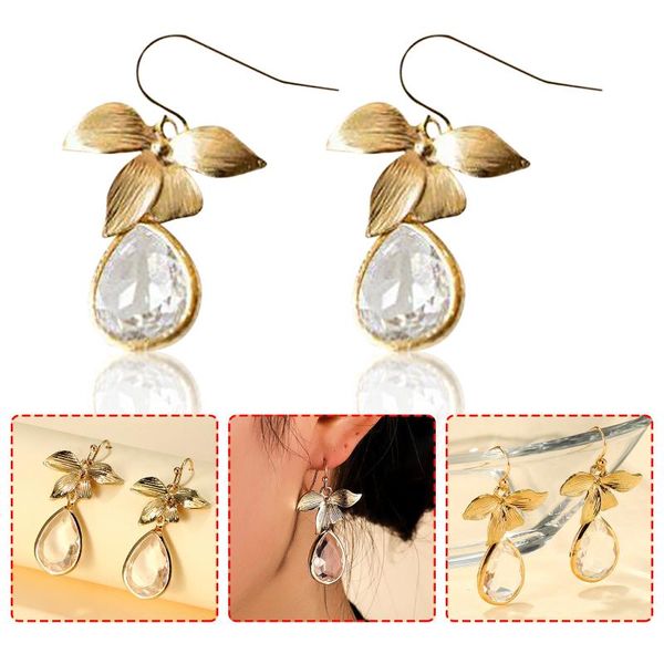 

dangle & chandelier french style elegant retro temperament leaves earrings women crystal water drop pendant long, Silver