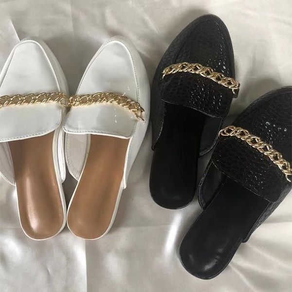 

slippers female summer beach fashion 2021 women slipper chain pointed toe shoes mules flats ladies slides solid casual outdoor, Black