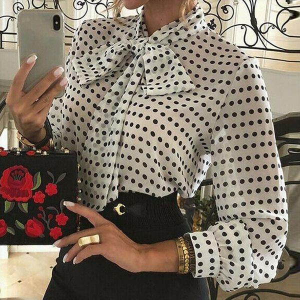 

elegant formal long sleeve chiffon womens shirt tie polka dot casual office work tee, White