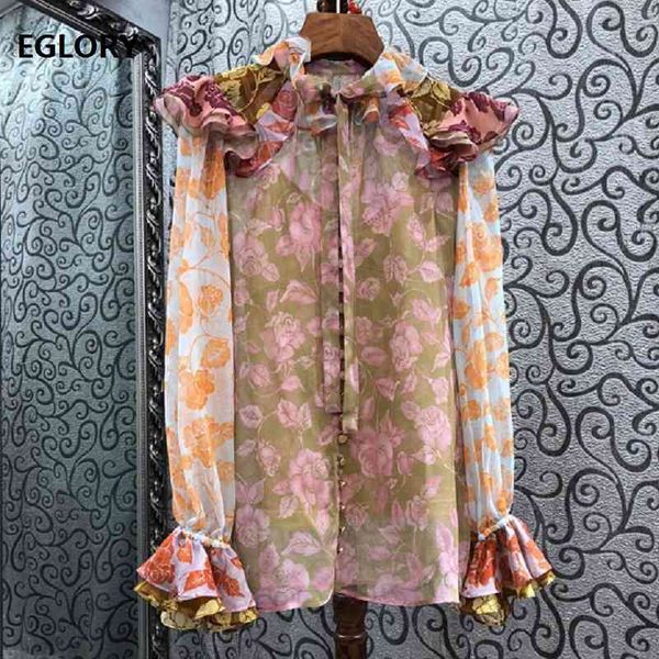 

blouses silk shirts spring summer designer fashion women charming floral print ruffle deco flare sleeve casual shirt, White