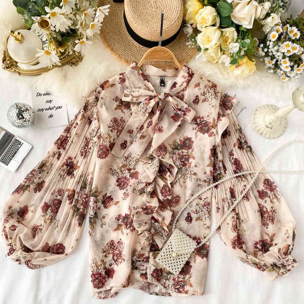 

skirt women's blouses fashion floral clothes chiffon shirt lantern sleeve, Black