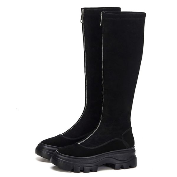 

boots fedonas sport flats platform women knee high party casual shoes woman genuine leather chunky heels long warm1 08a4, Black