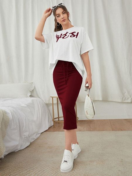 

letter graphic tee & split hem skirt d5p3#, White