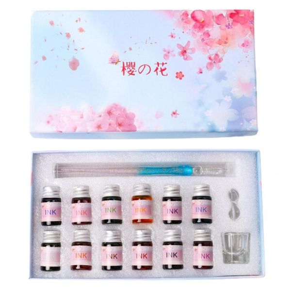 

fountain pens glass pen calligraphy dip set 12 colorful inks holder for art, writing, drawing, signatures, girl child gifts