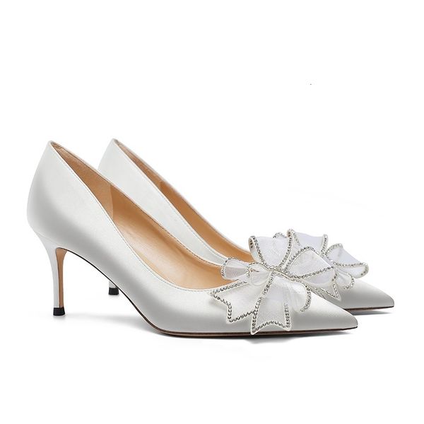 

sandals white bridal wedding 2021 spring stiletto high-heeled female banquet single shoes silk bow pointed small size, Black