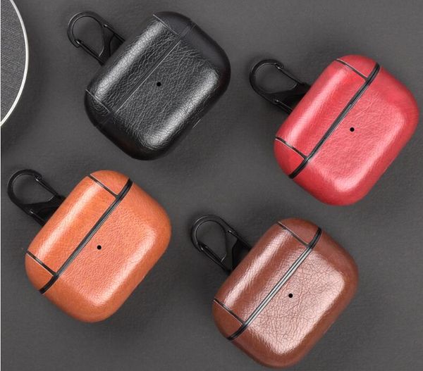 Custodia classica per auricolari in pelle PU per AirPod Pro2 Pro Bluetooth auricolare Custodia rigida in plastica antiurto Airpods 1 2 gen con moschettone a gancio Catena