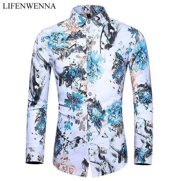 

autumn flower shirt men fashion printed long sleeve shirts mens casual big size 5xl 6xl 7xl business office shirts man 210528, White;black