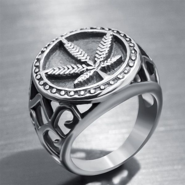 

wedding rings hollow round signet finger for men stainless steel cannabises ring anel masculino bague homme, Slivery;golden