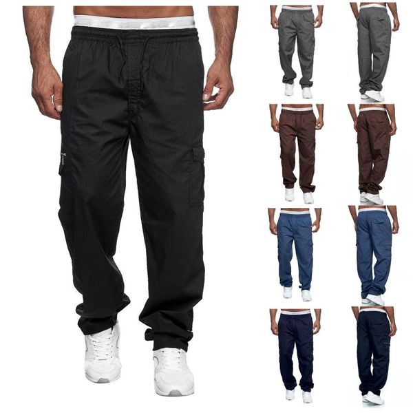 

men's pants multi-pocket cargo straight-leg sports parkour loose autumn joggers drawstring fitness sweatpants d910#, Black