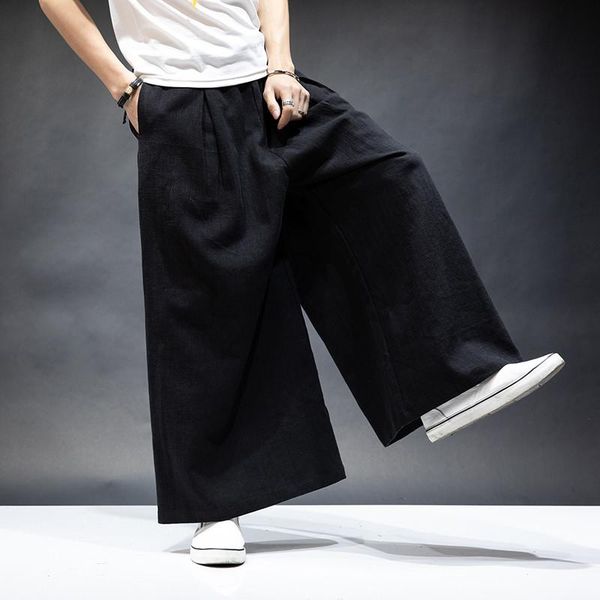 

men's pants japan style cotton linen wide leg pants,plus size ml-7xl vintage casual elastic waist pockets joggers retro loose trousers, Black