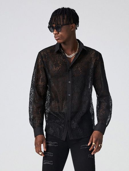 

men button front sheer lace shirt 33pd#, White;black