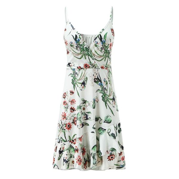 

casual dresses floral print for women 2021 summer irregular dress pleated v-neck suspender robe femme Ã©tÃ©, Black;gray