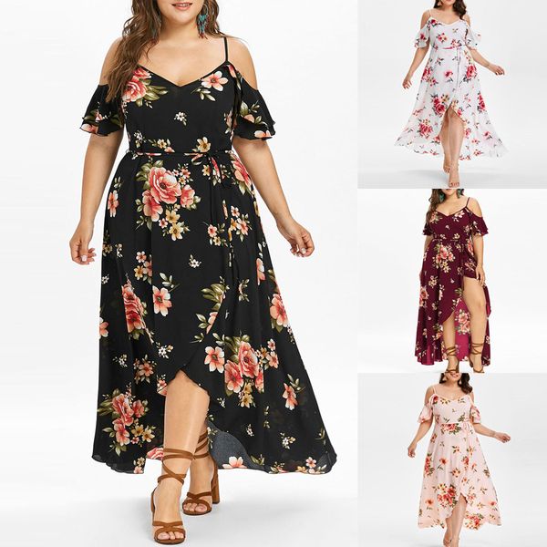 

women's dress fashion summer plus size women casual short sleeve cold shoulder flower print long dress, Black;gray
