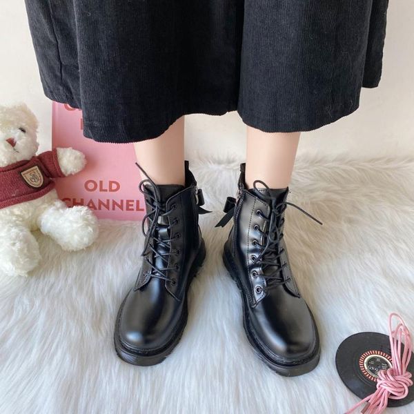 

boots black women shoes round toe ankle platform british style chunky short botines mujer 2021