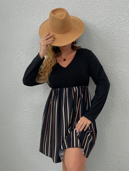 

plus block striped v neck dress r3ye#, Black