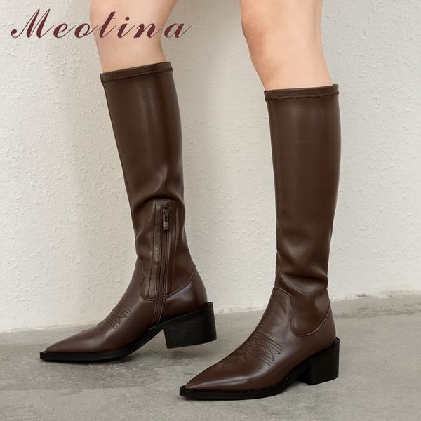 

meotina knee high boots women shoes real leather high heel ladies boots pointed toe thick heels zip stretch long boots brown 40 210520, Black